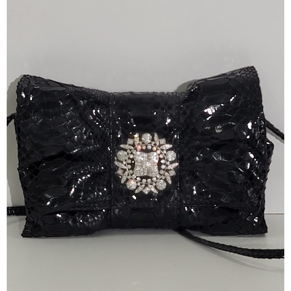Iman Global Chic Bow Black Snakeskin Evening Clutch Huge Rhinestone